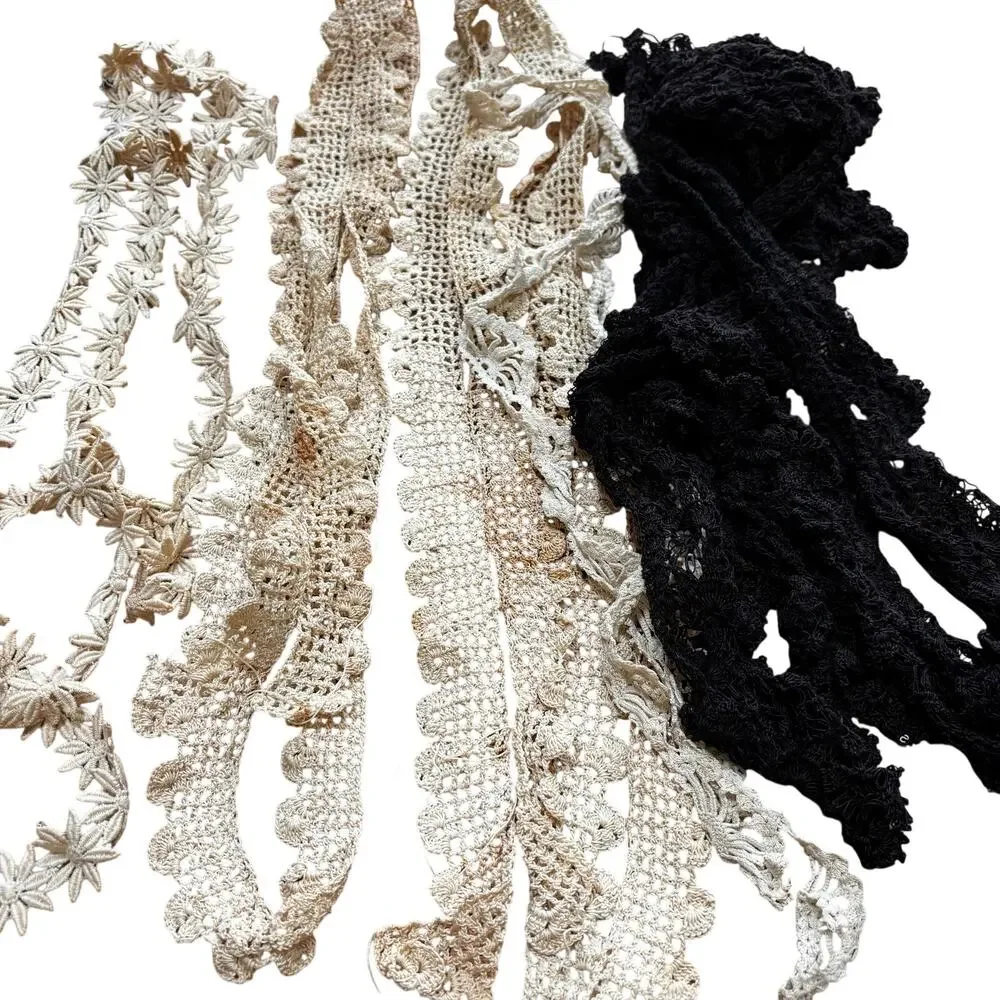 Vintage hand crochet lace remnants including beige & black 1+ yard each as found